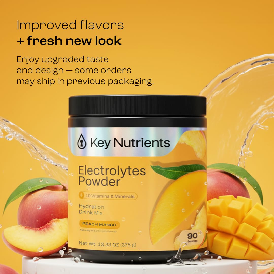 KEY NUTRIENTS Multivitamínico en polvo con electrolitos sin azúcar – Hidratación de durazno mango tropical, 90 porciones, Hecho en EE. UU.
