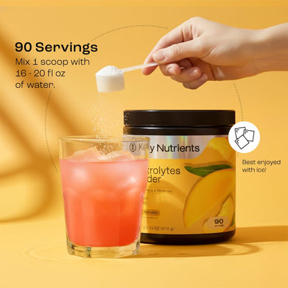 KEY NUTRIENTS Multivitamínico en polvo con electrolitos sin azúcar – Hidratación de durazno mango tropical, 90 porciones, Hecho en EE. UU.