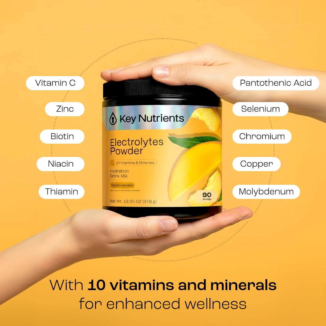 KEY NUTRIENTS Multivitamínico en polvo con electrolitos sin azúcar – Hidratación de durazno mango tropical, 90 porciones, Hecho en EE. UU.