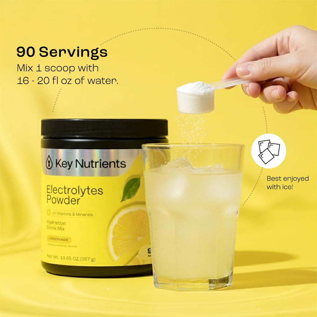 KEY NUTRIENTS Multivitamínico en polvo con electrolitos sin azúcar – Hidratación con limonada, 90 porciones, Hecho en EE. UU.