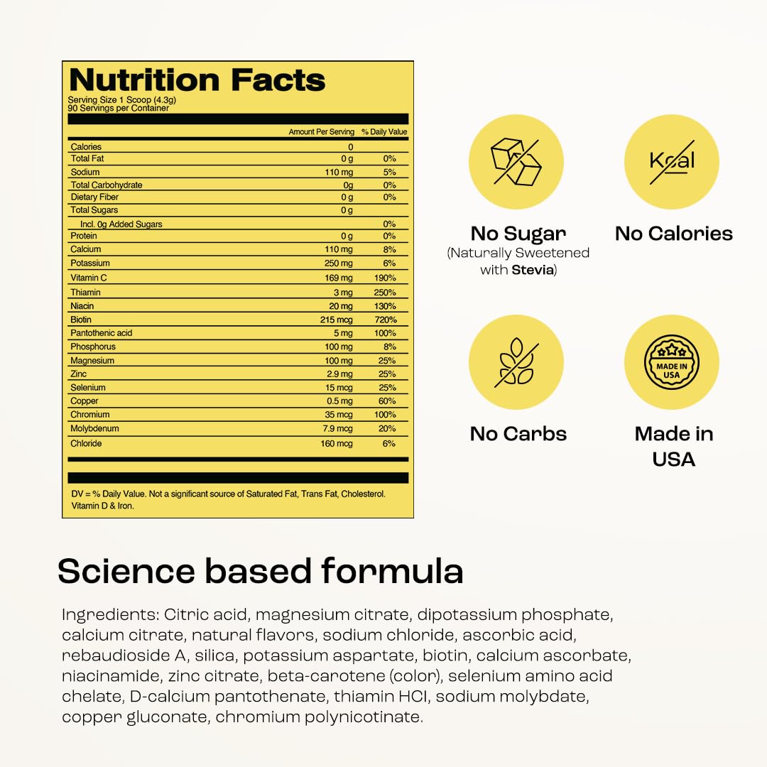 KEY NUTRIENTS Multivitamínico en polvo con electrolitos sin azúcar – Hidratación con limonada, 90 porciones, Hecho en EE. UU.