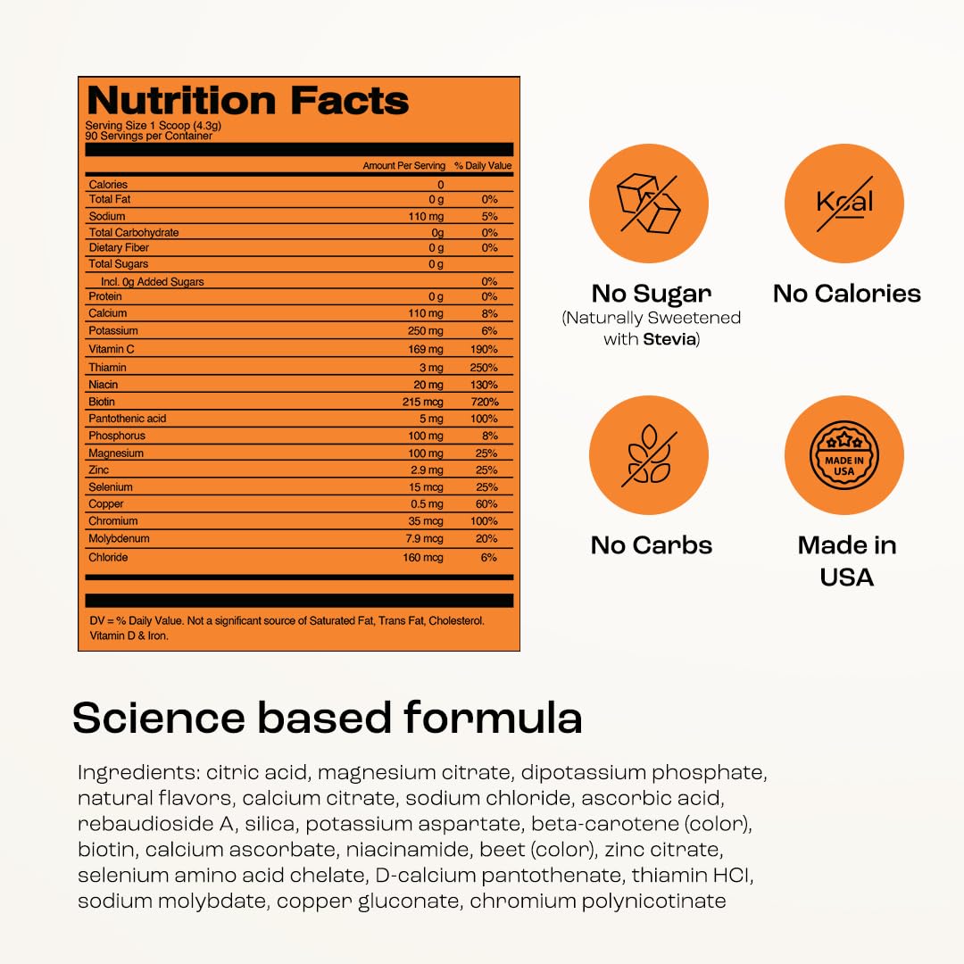 KEY NUTRIENTS Multivitamin Electrolytes Powder No Sugar - Tangy Orange Electrolyte Powder | Hydration & Energy - Made in USA - 90 Servings - Calm Era