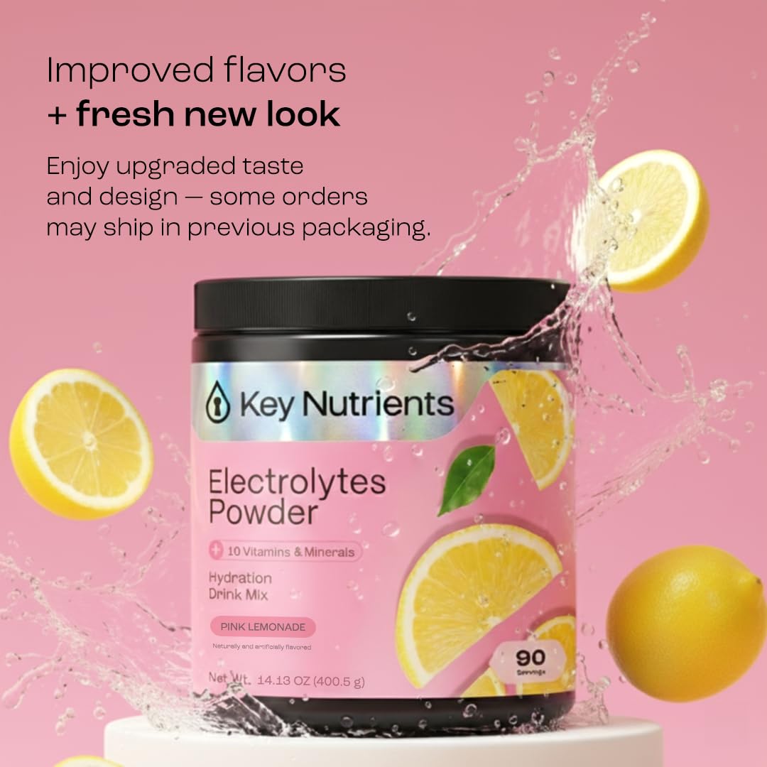 KEY NUTRIENTS Pink Lemonade Electrolyte Powder – No Sugar, 90 Servings, Hydration & Endurance, Made in USA - Calm Era