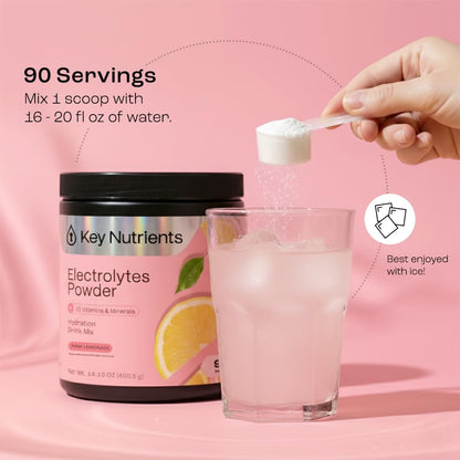 KEY NUTRIENTS Pink Lemonade Electrolyte Powder – No Sugar, 90 Servings, Hydration & Endurance, Made in USA - Calm Era