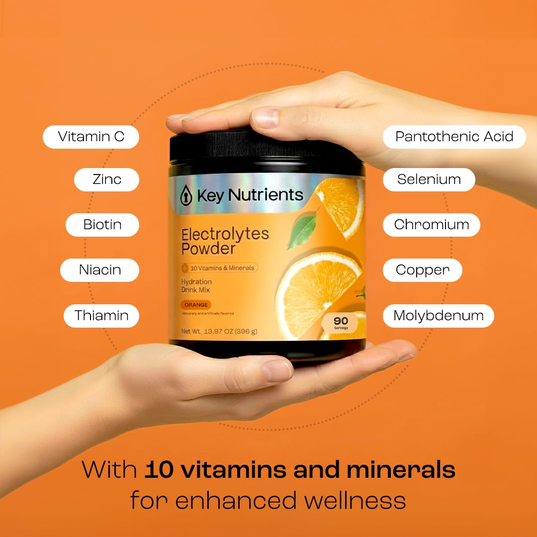 KEY NUTRIENTS Multivitamínico Electrolitos en Polvo Sin Azúcar - Polvo de Electrolitos de Naranja Ácida | Hidratación y Energía - Hecho en EE. UU. - 90 Porciones