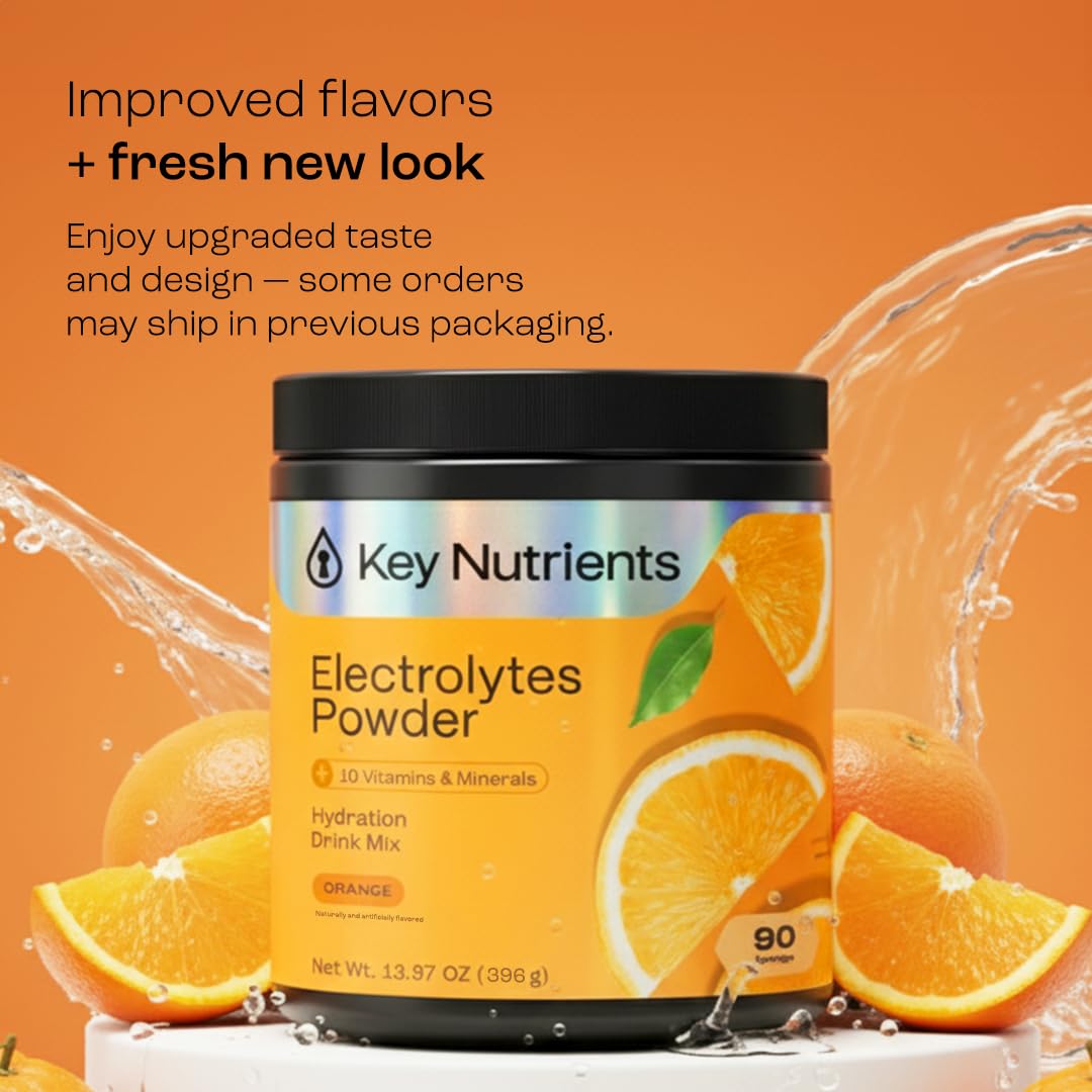 KEY NUTRIENTS Multivitamínico Electrolitos en Polvo Sin Azúcar - Polvo de Electrolitos de Naranja Ácida | Hidratación y Energía - Hecho en EE. UU. - 90 Porciones