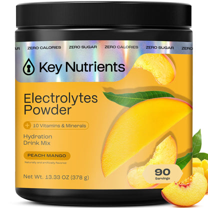 KEY NUTRIENTS Multivitamínico en polvo con electrolitos sin azúcar – Hidratación de durazno mango tropical, 90 porciones, Hecho en EE. UU.