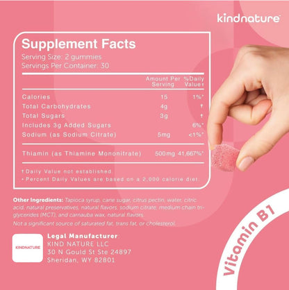 kindnature Vitamin B1 Gummies 500mg – Thiamine for Energy & Focus, 60ct