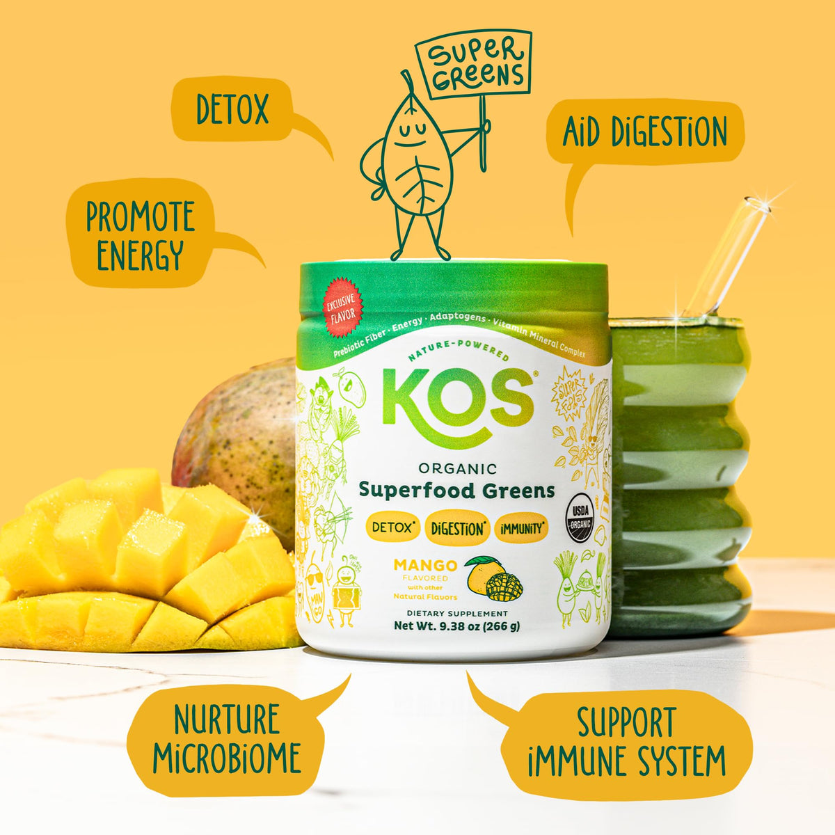 KOS Superalimento Orgánico en Polvo de Hojas Verdes — Mango, 28 Porciones