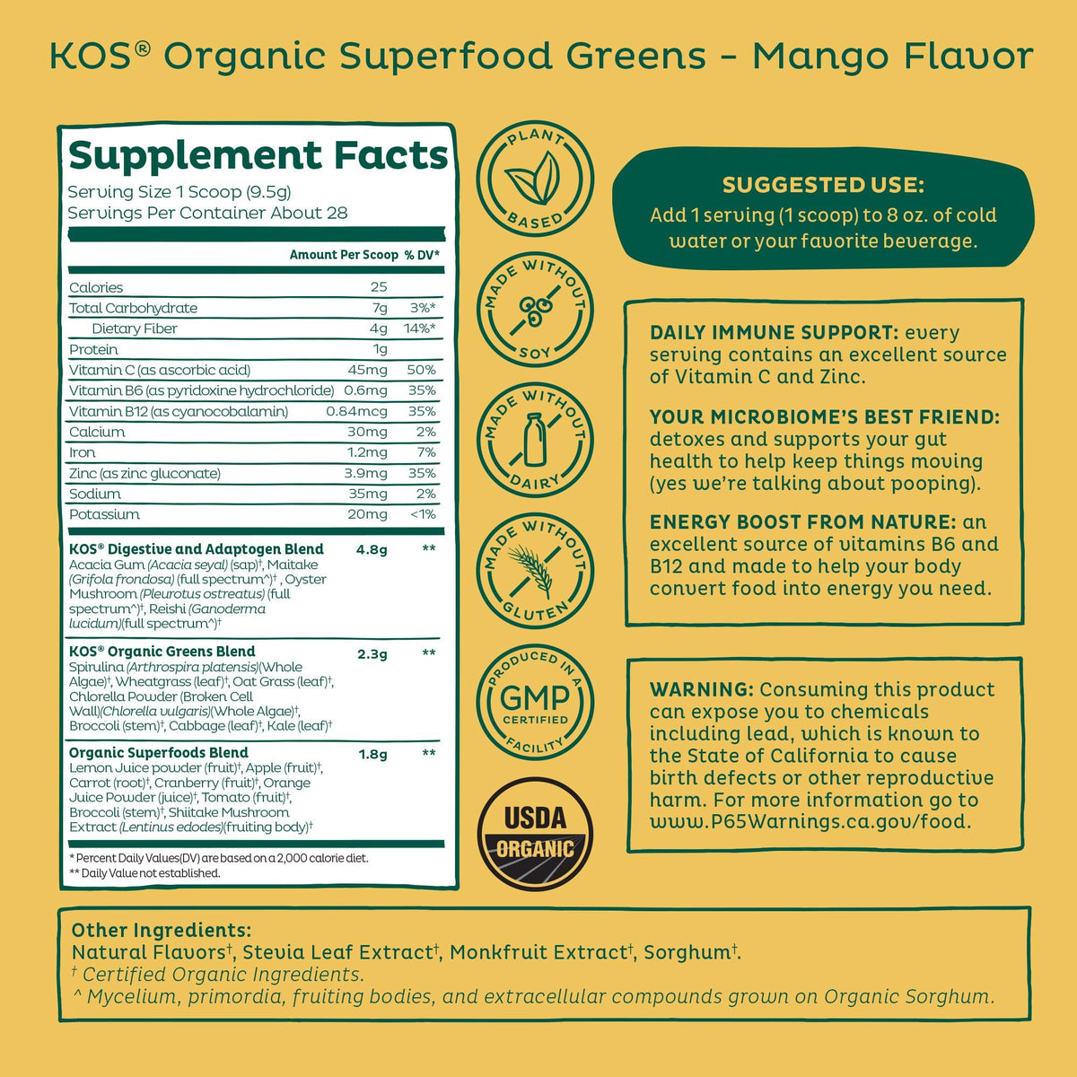 KOS Superalimento Orgánico en Polvo de Hojas Verdes — Mango, 28 Porciones