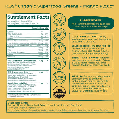 KOS Superalimento Orgánico en Polvo de Hojas Verdes — Mango, 28 Porciones