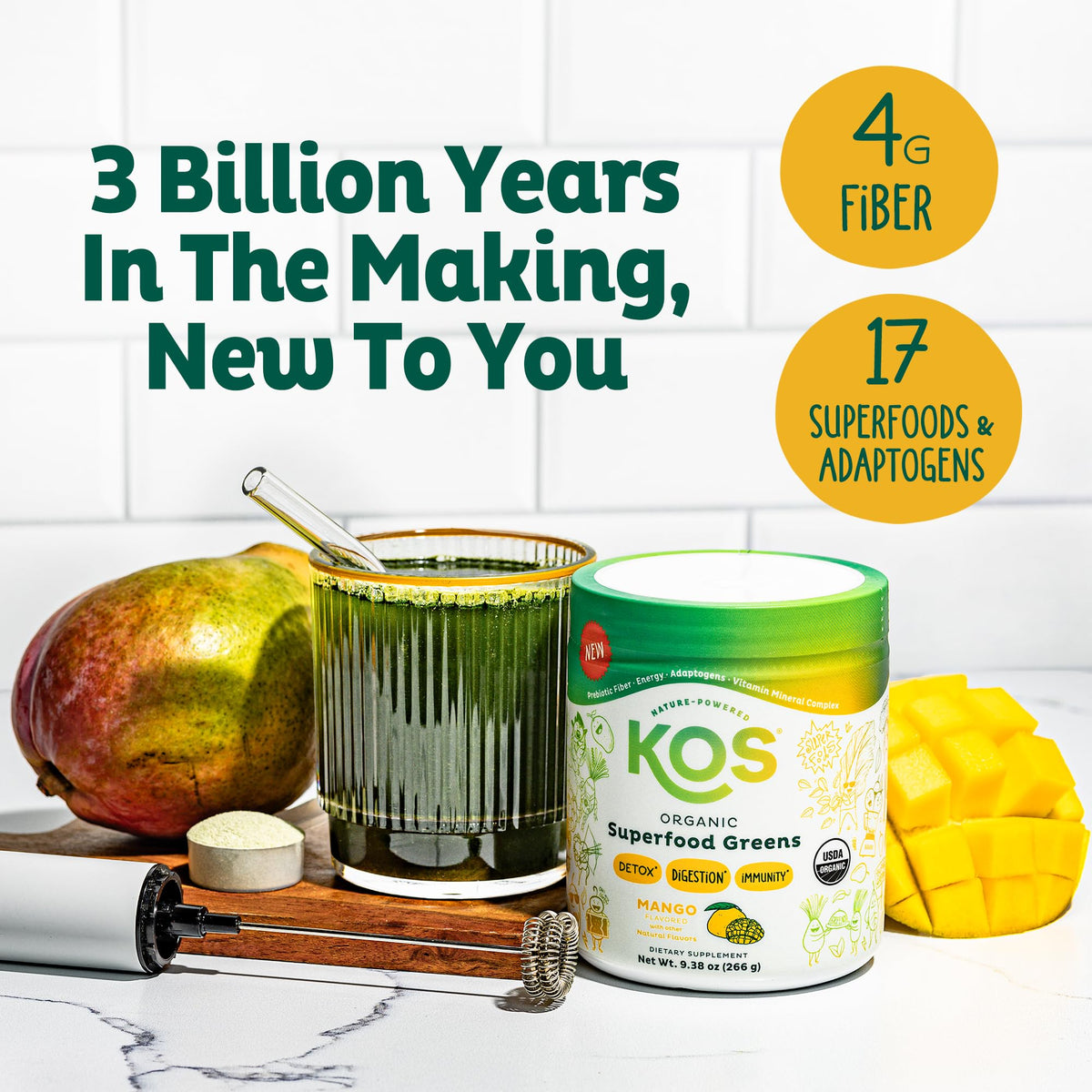 KOS Superalimento Orgánico en Polvo de Hojas Verdes — Mango, 28 Porciones
