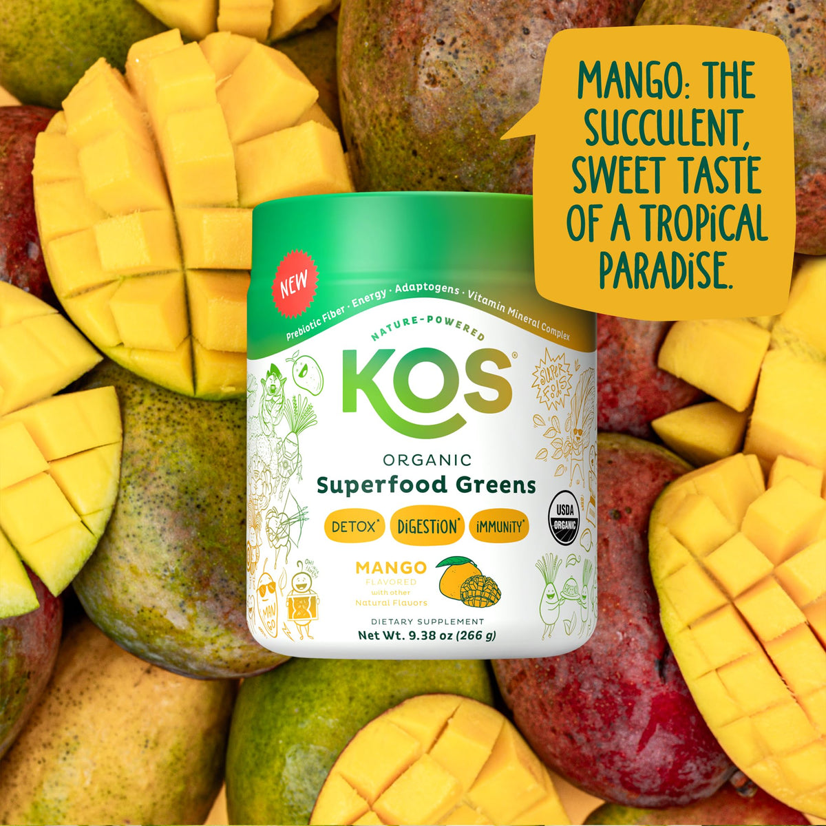 KOS Superalimento Orgánico en Polvo de Hojas Verdes — Mango, 28 Porciones