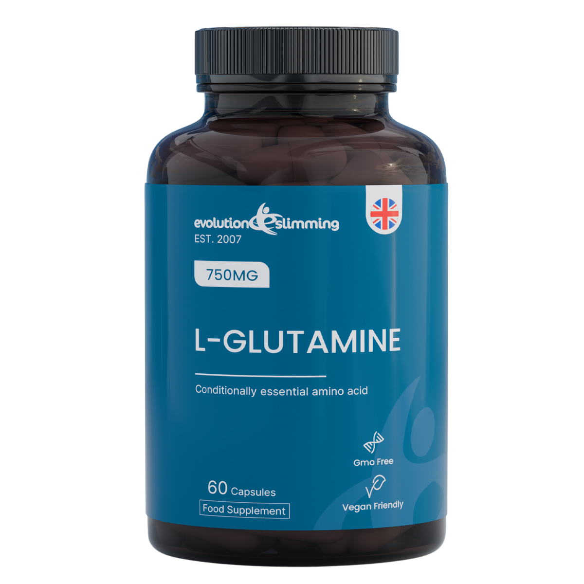 A dark amber bottle of Evolution Slimming L-Glutamine dietary supplement with a blue label and black cap, containing 60 capsules.