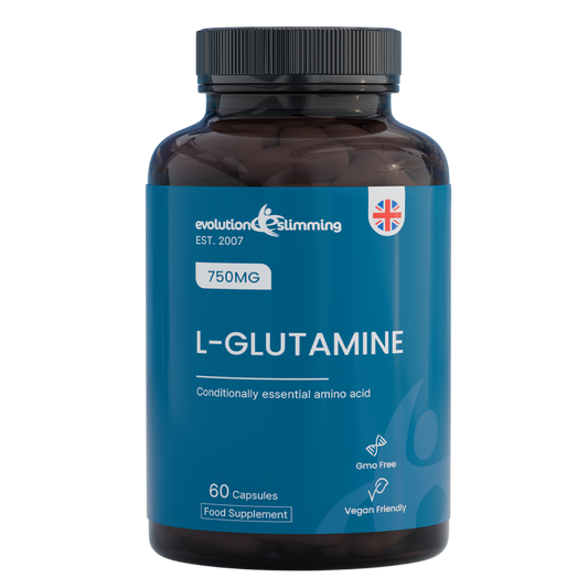 A dark amber bottle of Evolution Slimming L-Glutamine dietary supplement with a blue label and black cap, containing 60 capsules.