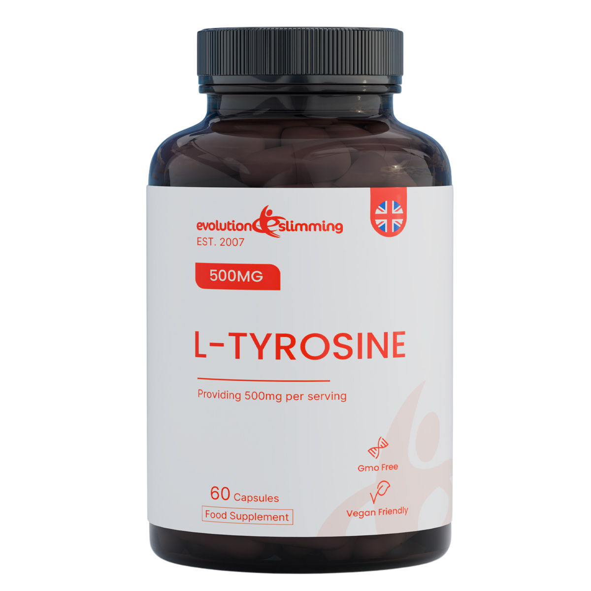 Supplement bottle labeled 'L-Tyrosine' by Evolution Slimming on a white background