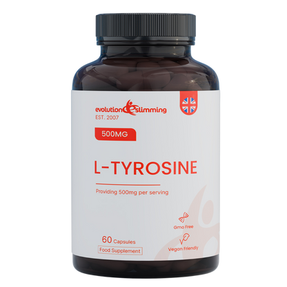 Supplement bottle labeled 'L-Tyrosine' by Evolution Slimming on a white background