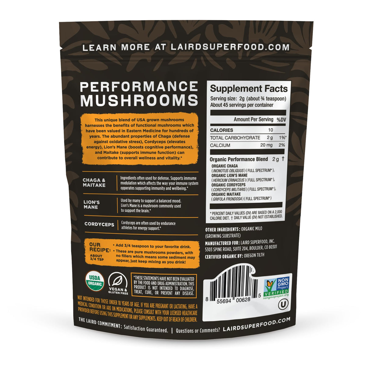 Laird Superfood Organic Performance Mushroom Blend 3.17oz