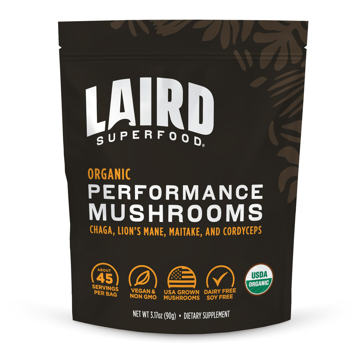 Package of Laird Superfood Performance Mushrooms on a white background