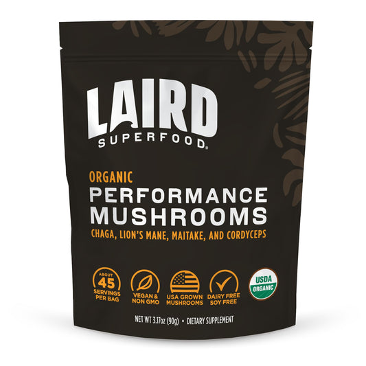 Package of Laird Superfood Performance Mushrooms on a white background