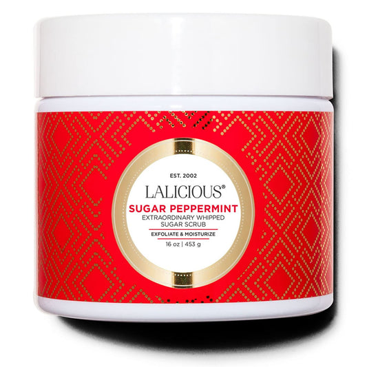 Lalicious Sugar Peppermint scrub jar with red and gold label on a white background