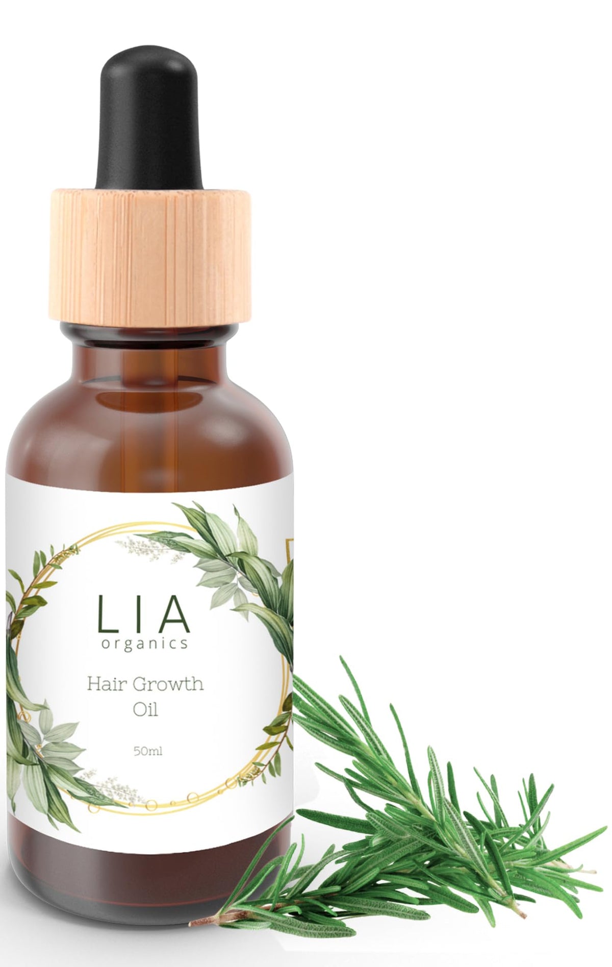 Bottle of LIA Organics Hair Growth Oil with a dropper on a white background