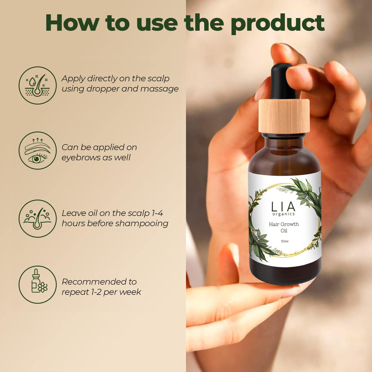 Aceite para el crecimiento del cabello Lia Organics – Orgánico, Vegano, Libre de crueldad animal