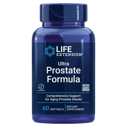 Blue supplement bottle labeled 'Ultra Prostate Formula' by Life Extension on a white background