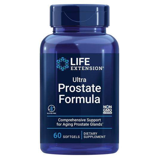 Blue supplement bottle labeled 'Ultra Prostate Formula' by Life Extension on a white background