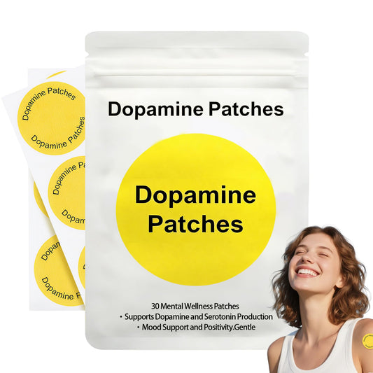 Packaging of Dopamine Patches with a woman wearing a patch on her chest.