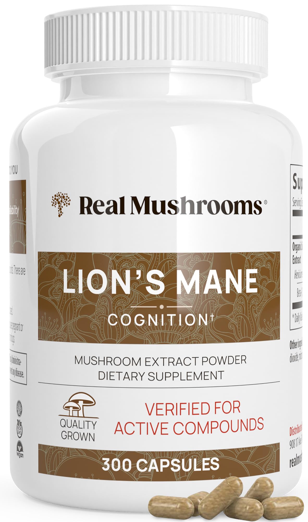 Supplement bottle labeled 'Lion's Mane Cognition' by Real Mushrooms on a white background