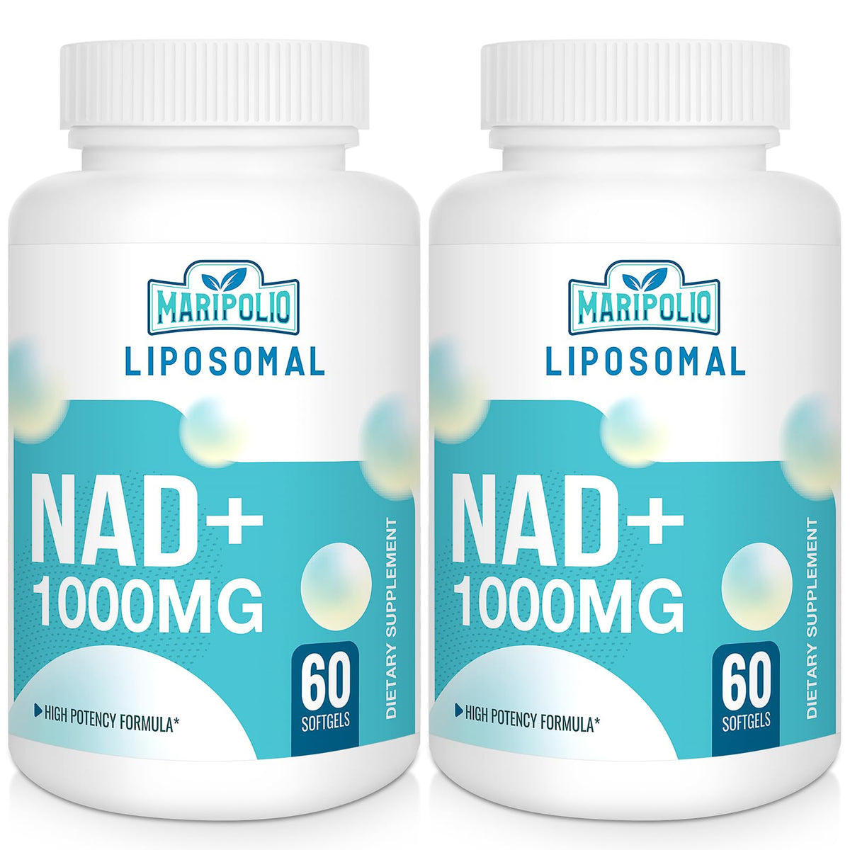 Two bottles of Maripolio Liposomal NAD+ 1000MG dietary supplements on a white background