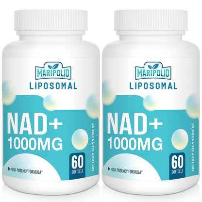 Two bottles of Maripolio Liposomal NAD+ 1000MG dietary supplements on a white background