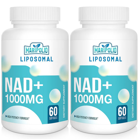 Two bottles of Maripolio Liposomal NAD+ 1000MG dietary supplements on a white background