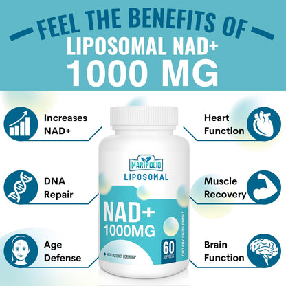 Suplemento Liposomal NAD+ 1000mg – Máxima Absorción | Energía y Reparación del ADN | 120 Cápsulas Blandas