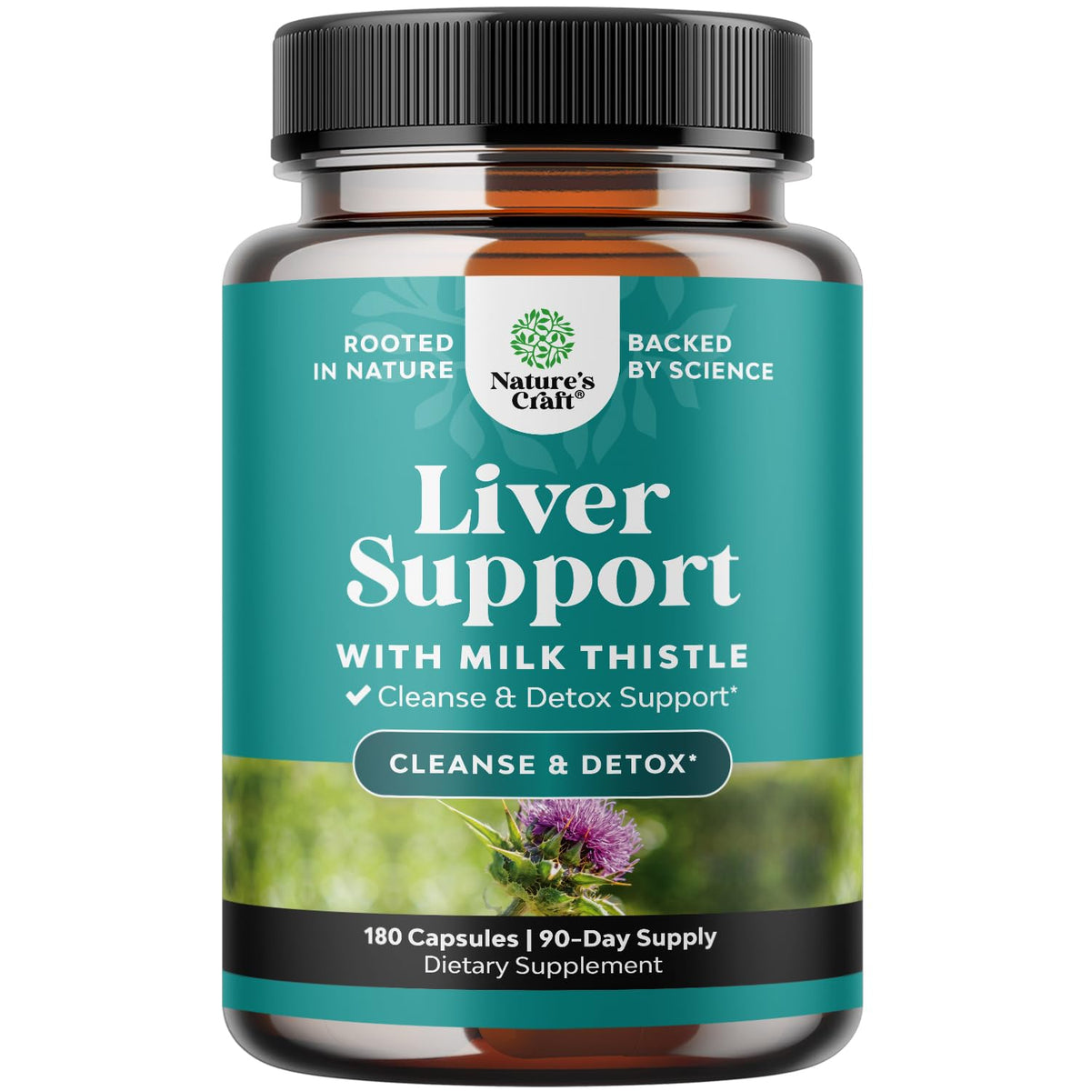 Supplement bottle labeled 'Liver Support with Milk Thistle' by Nature's Craft on a white background.