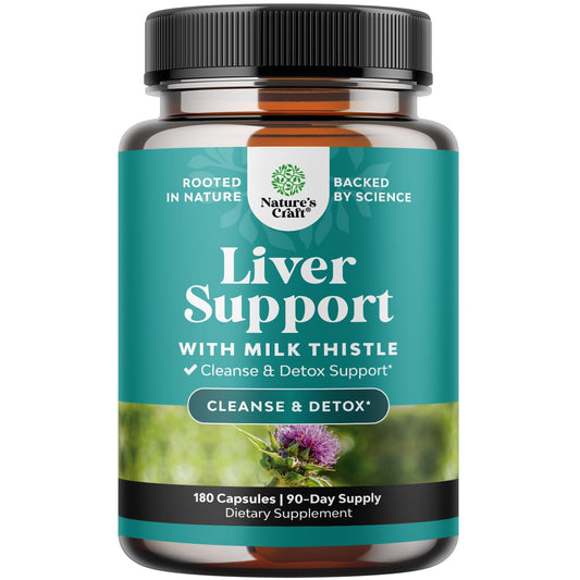 Supplement bottle labeled 'Liver Support with Milk Thistle' by Nature's Craft on a white background.