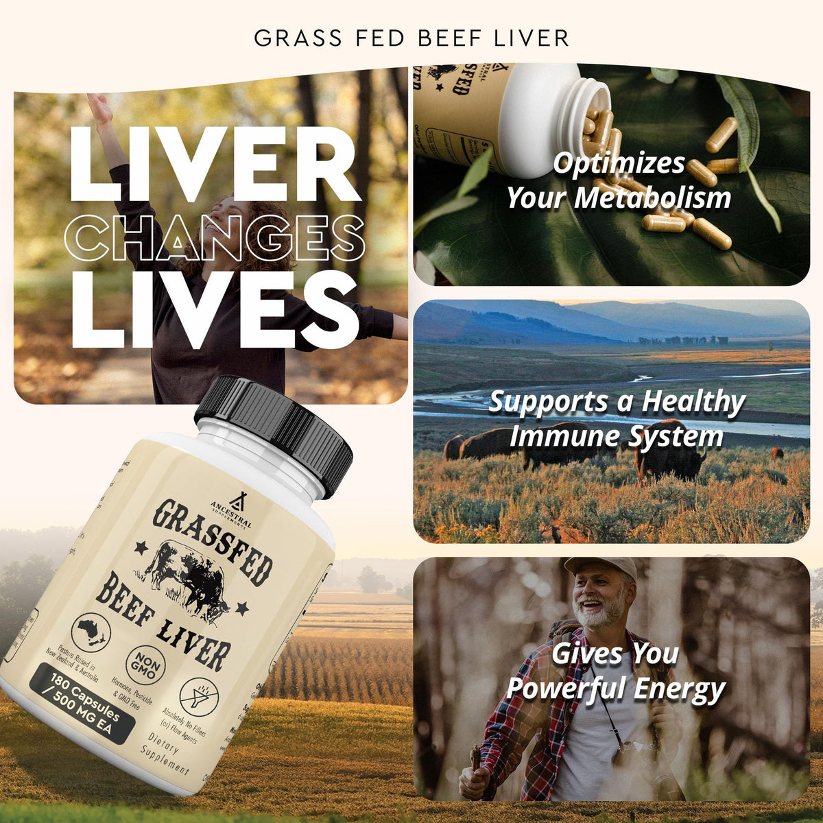 Ancestral Supplements Hígado de Res de Pastura 180 Cápsulas | Energía, Desintoxicación, Digestión, Inmunidad
