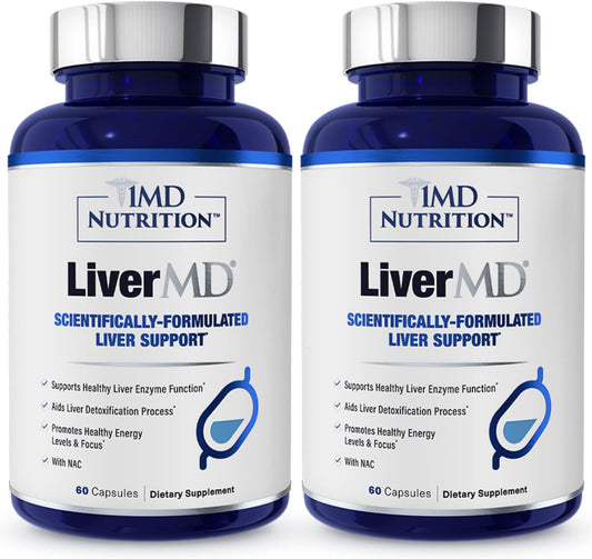 Suplemento de apoyo hepático LiverMD de 1MD | Siliphos Silybin para alta biodisponibilidad | 60 cápsulas (paquete de 2)