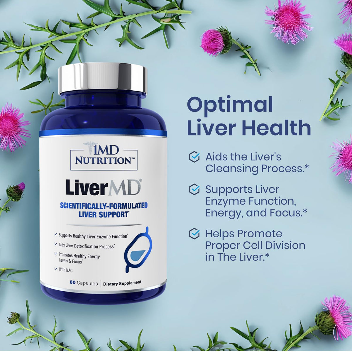 1MD Nutrition LiverMD - Suplemento para el apoyo hepático con Siliphos Silibina y NAC | 60 Cápsulas