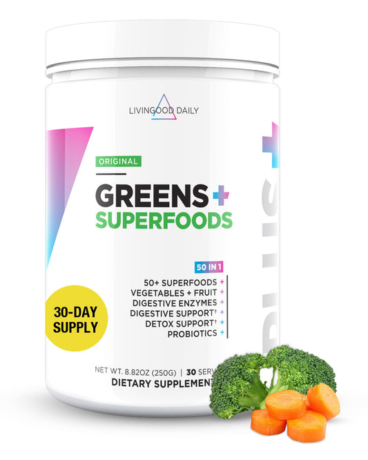 Supplement container labeled 'Greens + Superfoods' with vegetables on a white background
