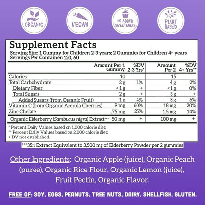 Llama Naturals Gomitas de saúco para niños – Refuerzo inmunológico vegano orgánico con vitamina C y zinc | 120 unidades