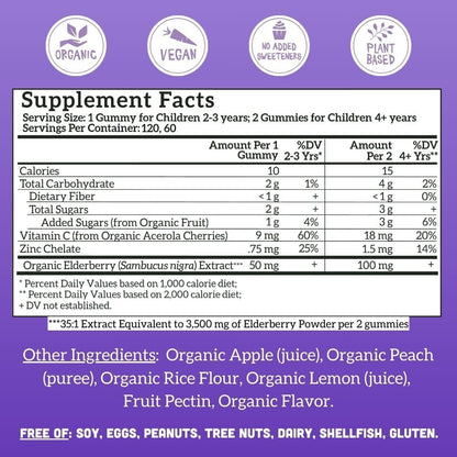 Llama Naturals Gomitas de saúco para niños – Refuerzo inmunológico vegano orgánico con vitamina C y zinc | 120 unidades