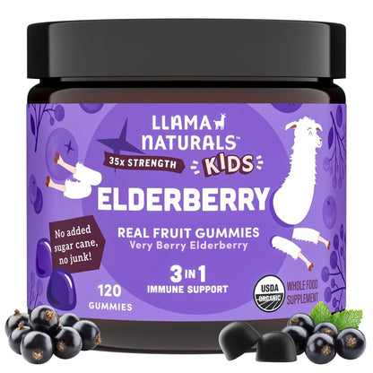 Llama Naturals Gomitas de saúco para niños – Refuerzo inmunológico vegano orgánico con vitamina C y zinc | 120 unidades