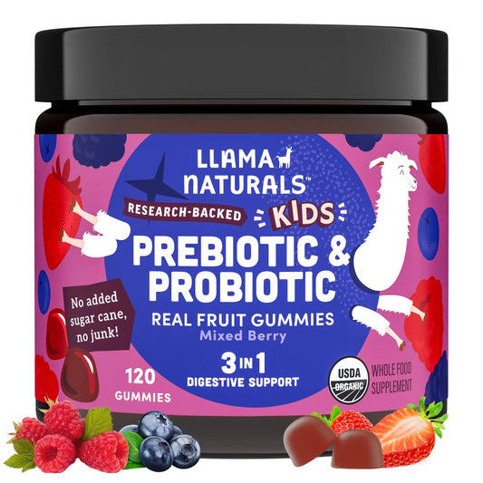 Jar of Llama Naturals Kids Prebiotic & Probiotic Real Fruit Gummies on a white background