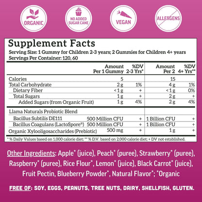 Gomitas probióticas + prebióticas para niños Llama Naturals – Veganas | 120 unidades