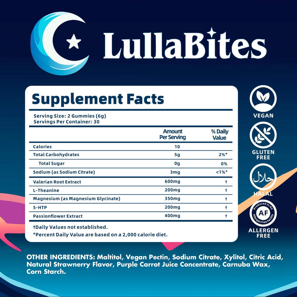 LullaBites Gomitas Naturales para Dormir – Sin Melatonina, 5-HTP y L-Teanina | Veganas y Halal | Fresa | 60 Gomitas