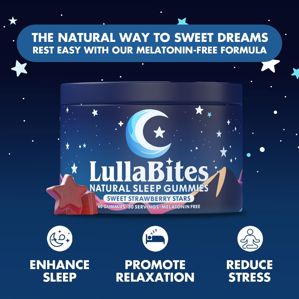 LullaBites Gomitas Naturales para Dormir – Sin Melatonina, 5-HTP y L-Teanina | Veganas y Halal | Fresa | 60 Gomitas