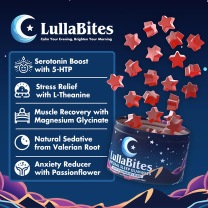 LullaBites Gomitas Naturales para Dormir – Sin Melatonina, 5-HTP y L-Teanina | Veganas y Halal | Fresa | 60 Gomitas