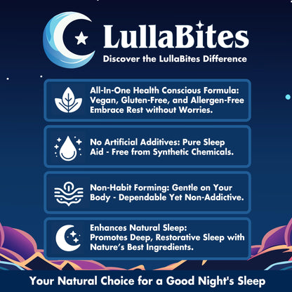 LullaBites Gomitas Naturales para Dormir – Sin Melatonina, 5-HTP y L-Teanina | Veganas y Halal | Fresa | 60 Gomitas